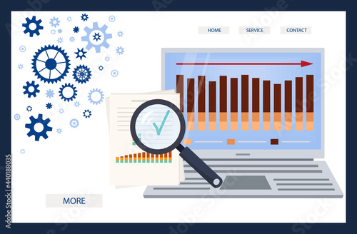 Data analysis or online research for website. Digital search,  analysis of key performance indicators, kpi. Concept management of stable schedule, graphs and charts, landing page template. Vector
