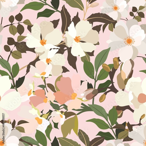 Vintage flowers. Seamless pattern. A branch of a blossoming tree. Flat vector isolated illustration. Pastel colors. © iuvmiro