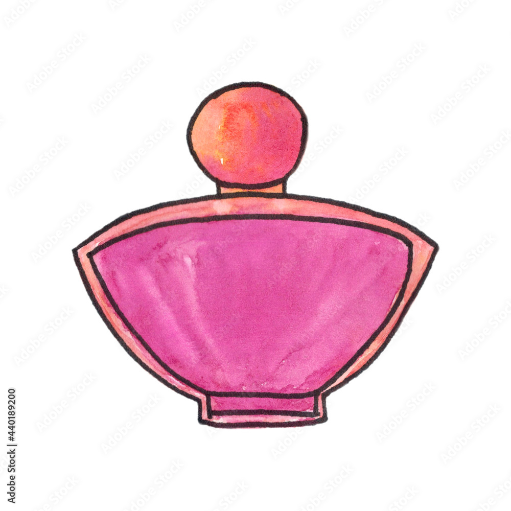 Obraz premium Bottle of perfume, scent fragrance. Cosmetic beauty product. Perfume. Pink bottle isolated on white background. The illustration is hand-drawn with watercolor.