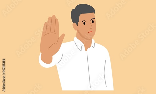 Man showing palm as stop sign,stay, hold or rejection gesture photo