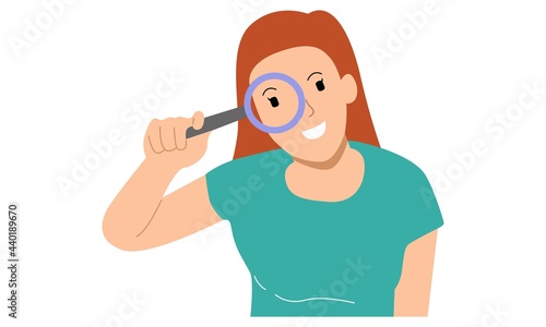 Young woman or girl holding a magnifying glass. Person showing magnifying glass search