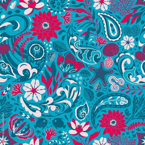 Bright intricate paisley marine life: imaginary plants, flowers, foliage, water waves, splashes, seaweeds, starfish, fish in renewed vibrant shades. For interior decor, textile, prints, digital items.