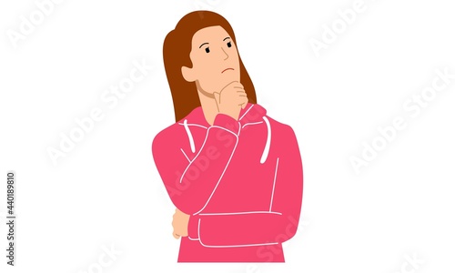 Thinking woman looking up. Vector flat illustration