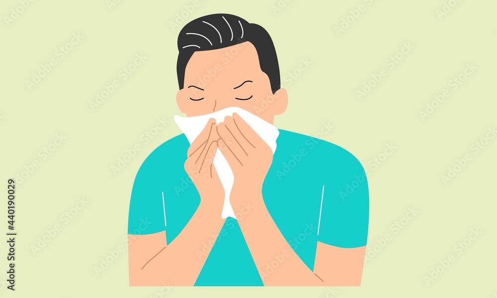 Sick young man holding tissue, sneezing into handkerchief, blowing running nose Sick young man holding tissue, sneezing into handkerchief, blowing running nose