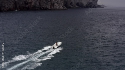 Fast speed boat sailing close to Gibraltar Rock, Aerial
drone view from Gibraltar Rock, 2021
