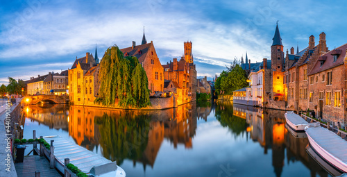 Classic view of the historic city center of Bruges (Brugge) with Belfry bell tower in the background