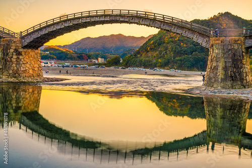 The Kintai Bridge at sunset in Iwakuni, Japan