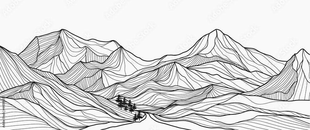 Mountain line art background, Black and white landscape wallpaper design  for cover, invitation background, packaging design, wall art and print.  Vector illustration. Stock Vector | Adobe Stock