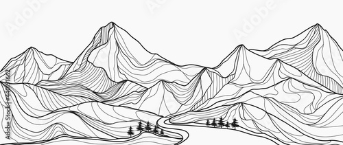 Mountain line art background  Black and white landscape wallpaper design for cover  invitation background  packaging design  wall art and print. Vector illustration.