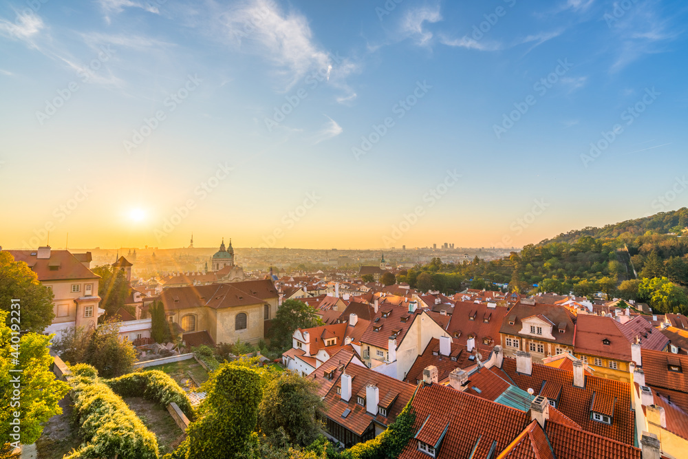 Rooftop sunrise panorama of Prague. Czech Republic