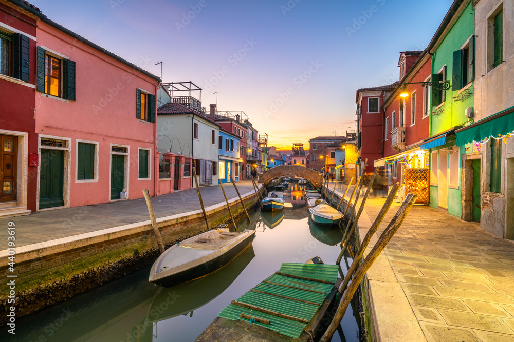 Colorful Burano island at sunset. Italy
