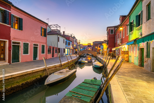 Colorful Burano island at sunset. Italy