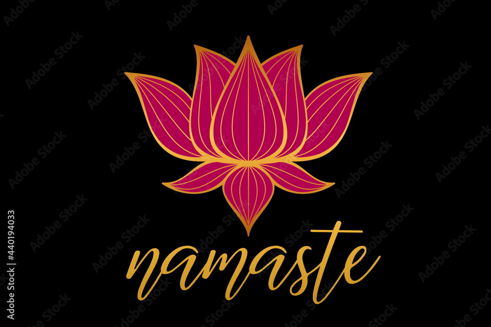 Text namaste and pink lotus on dark background