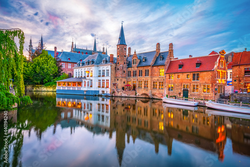 Center of Brugge reflected in the water at sunset. Brugge is often referred to as The Venice of the North. Belgium