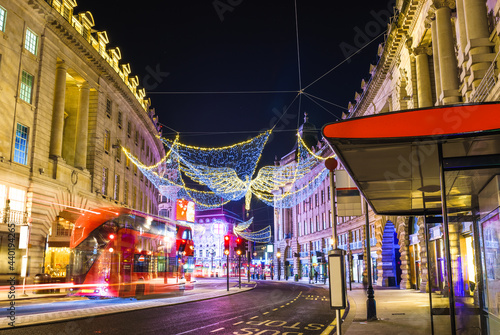 Regent Street with Christmas decorations in London. England