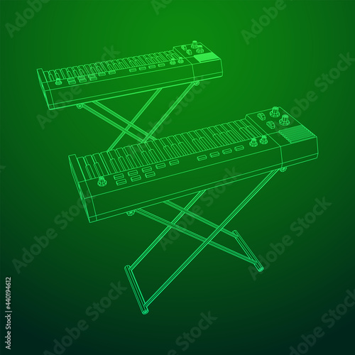 Piano roll analog synthesizer faders buttons knobs. Wireframe low poly mesh vector illustration.