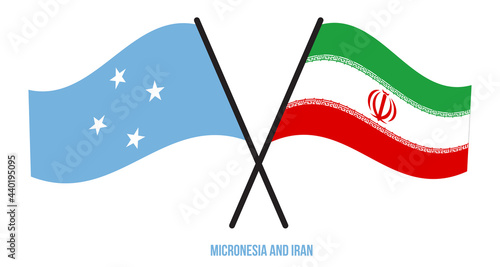 Micronesia and Iran Flags Crossed And Waving Flat Style. Official Proportion. Correct Colors.