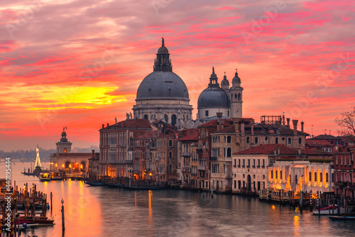 Grand Canal and Basilica Santa Maria della Salute at sunset in Venice, Italy