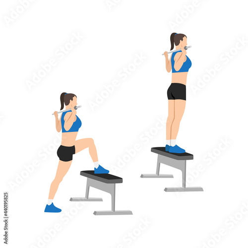 Woman doing Barbell step ups exercise. Flat vector illustration isolated on white background