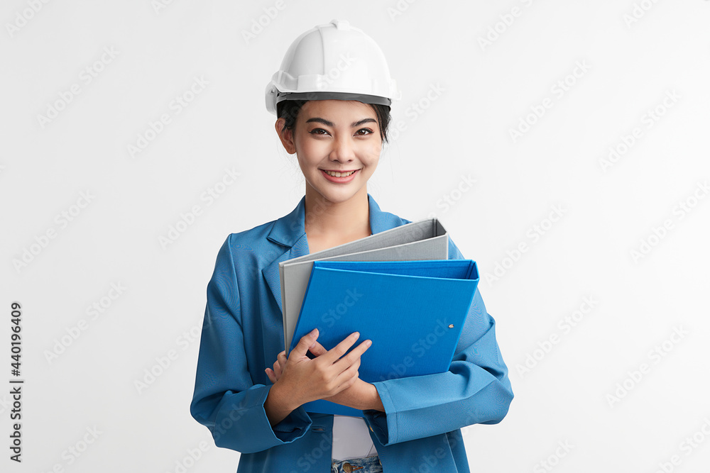 beautiful asian woman engineer and safety helmet on white background, construction concept, Engineer, Industry. beautiful asian woman engineer and safety helmet on white background, construction concept, Engineer, Industry.