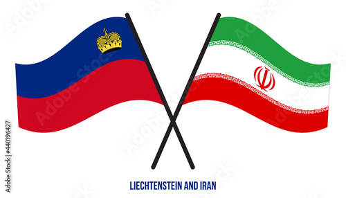 Liechtenstein and Iran Flags Crossed And Waving Flat Style. Official Proportion. Correct Colors.