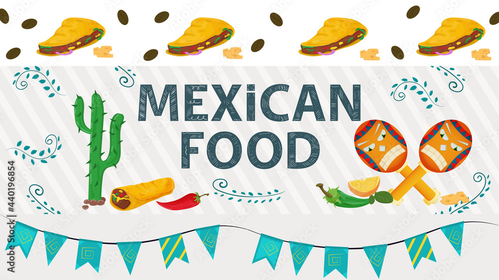 banner illustration for a design in a flat style on the theme of Mexican food inscription name Cactus tortilla burrito red and green peppers and maracas