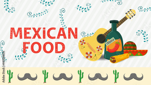 banner illustration for a design in a flat style on the theme of Mexican food inscription name Guitar a large bottle of tequila and a sombrero hat