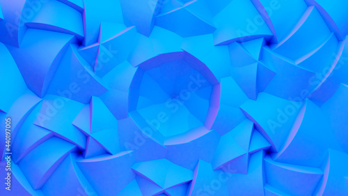 Scientific or technology abstractions with grid surface and surreal symmetric structure or ornament. Abstract background with blue fluorescent and vibrant tech structure. 3D illustration.