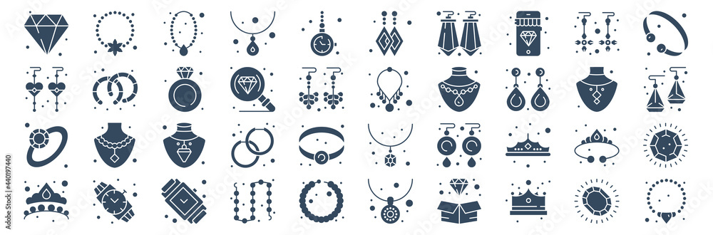 set of 40 jewellery web icons in glyph style such as crown, diamond ring, earring, necklace, necklace, bracelet. vector illustration.