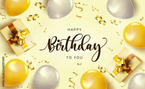 Happy birthday vector banner background. Happy birthday to you text with balloons, gifts and confetti celebrating elements for birth day card greeting decoration design. Vector illustration
