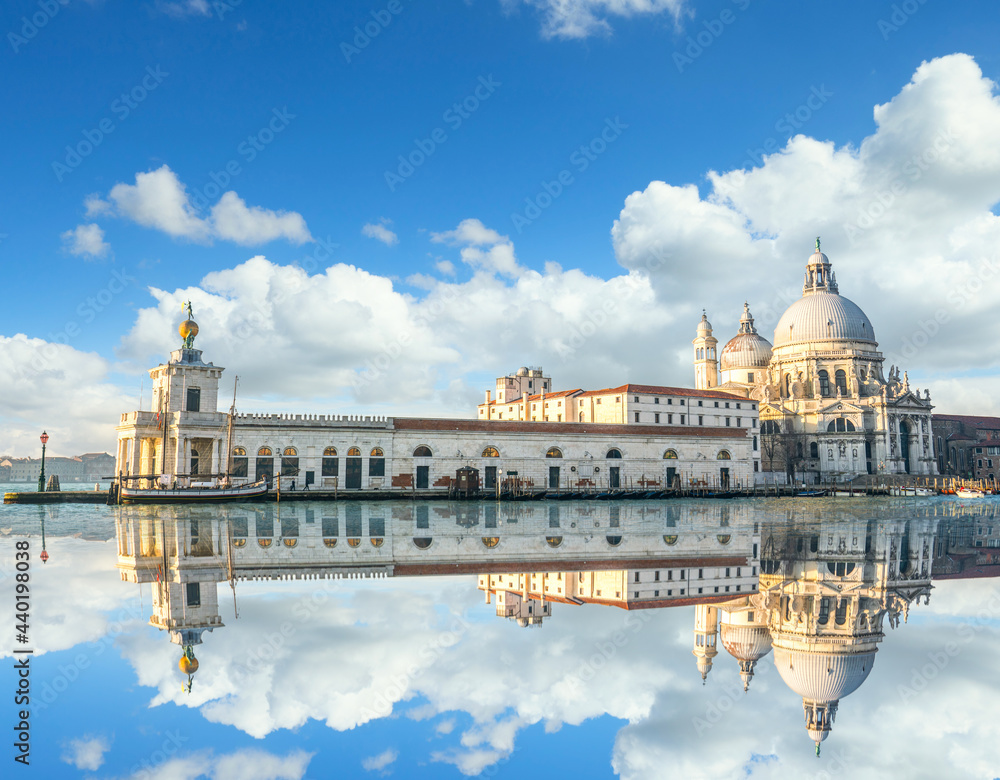 Santa Maria della Salute cathedral with reflection. Landmark of Venice. Italy