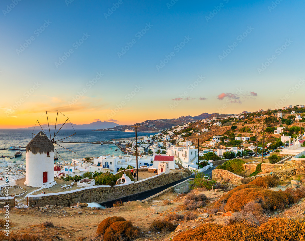 Colorful sunset at Mykonos island. Greece 