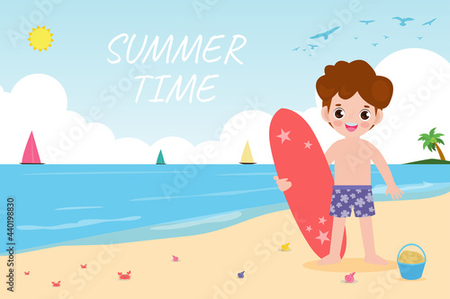 summer time banner template and cute surfer children character with surfboard on beach. Happy young surfer on the crest wave, flat vector illustration isolated on background