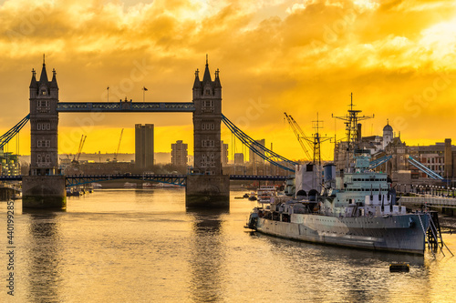 Tower Bridge at sunrise in London. England