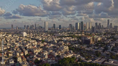 Business city center of Tel Aviv, Israel:  4k aerial drone skyline view photo