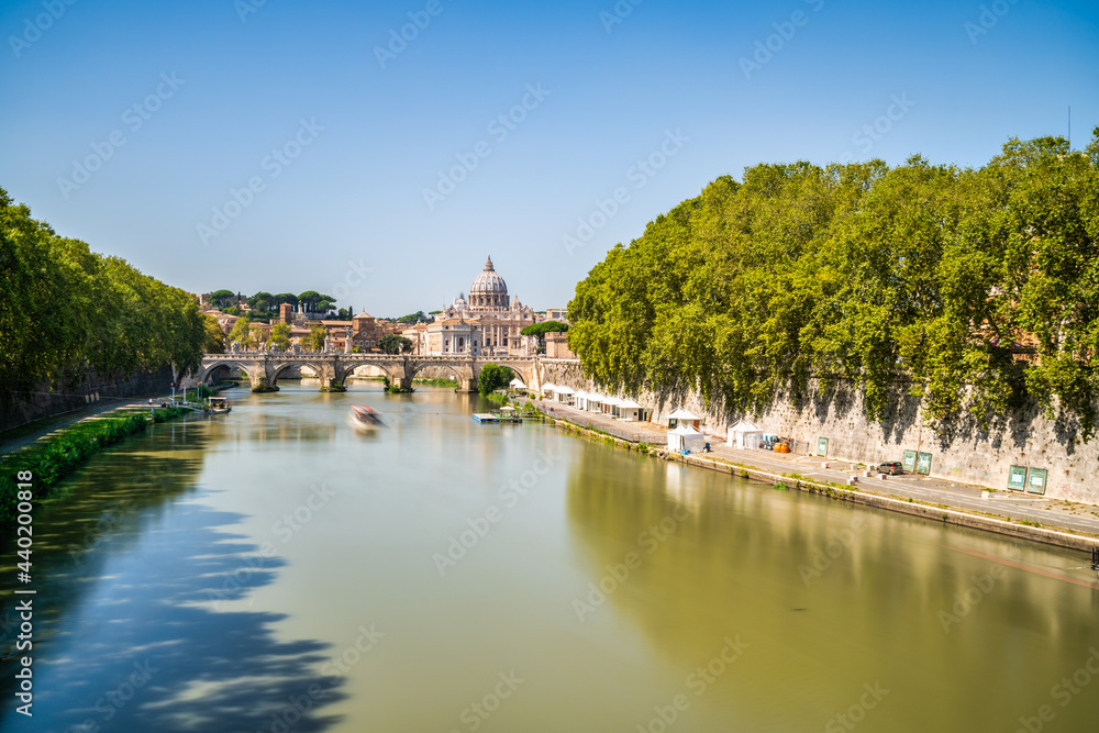 St.Peter's basilica viewed across Tiber river in Vatican, Rome.Italy