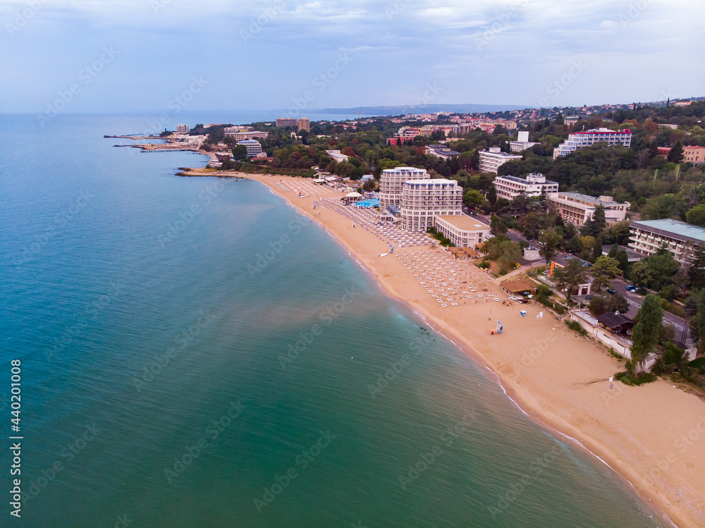 Panoramic view of hotels in Golden Sands beach in Bulgaria. Drone view from above. Summer holidays destination