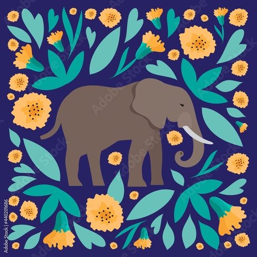 Elephant in flowers isolated illustration on dark background. Vector in flat style.