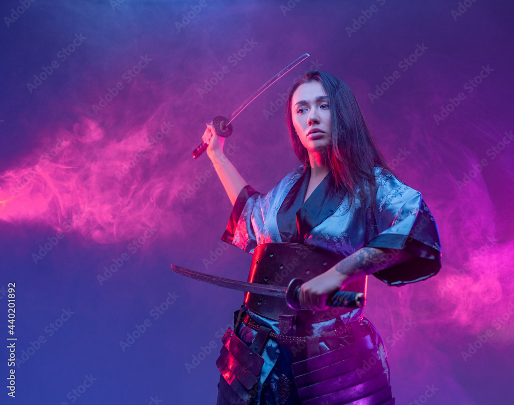 Cyberpunk style woman fighter with samurai swords