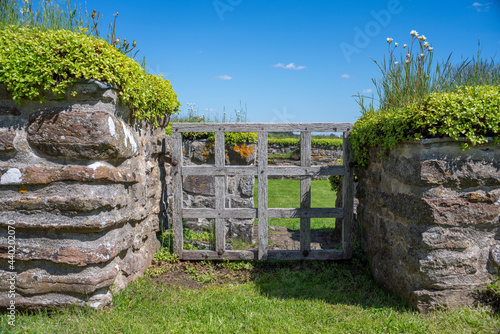 Old Wooden Gate Entrance in Stonewall or ruin structure photo