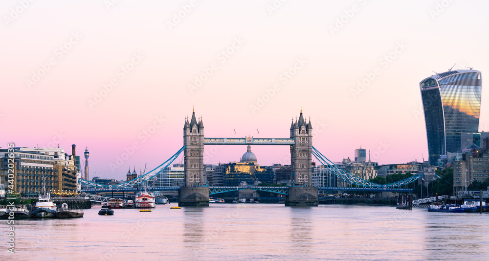 Tower Bridge front view at sunrise in London. England 
