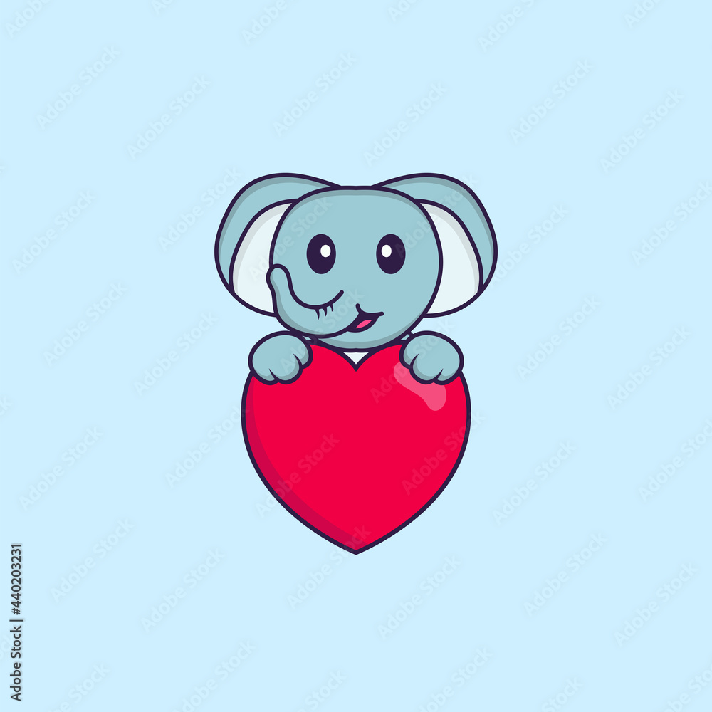Cute elephant holding a big red heart. Animal cartoon concept isolated. Can used for t-shirt, greeting card, invitation card or mascot. Flat Cartoon Style Cute elephant holding a big red heart. Animal cartoon concept isolated. Can used for t-shirt, greeting card, invitation card or mascot. Flat Cartoon Style