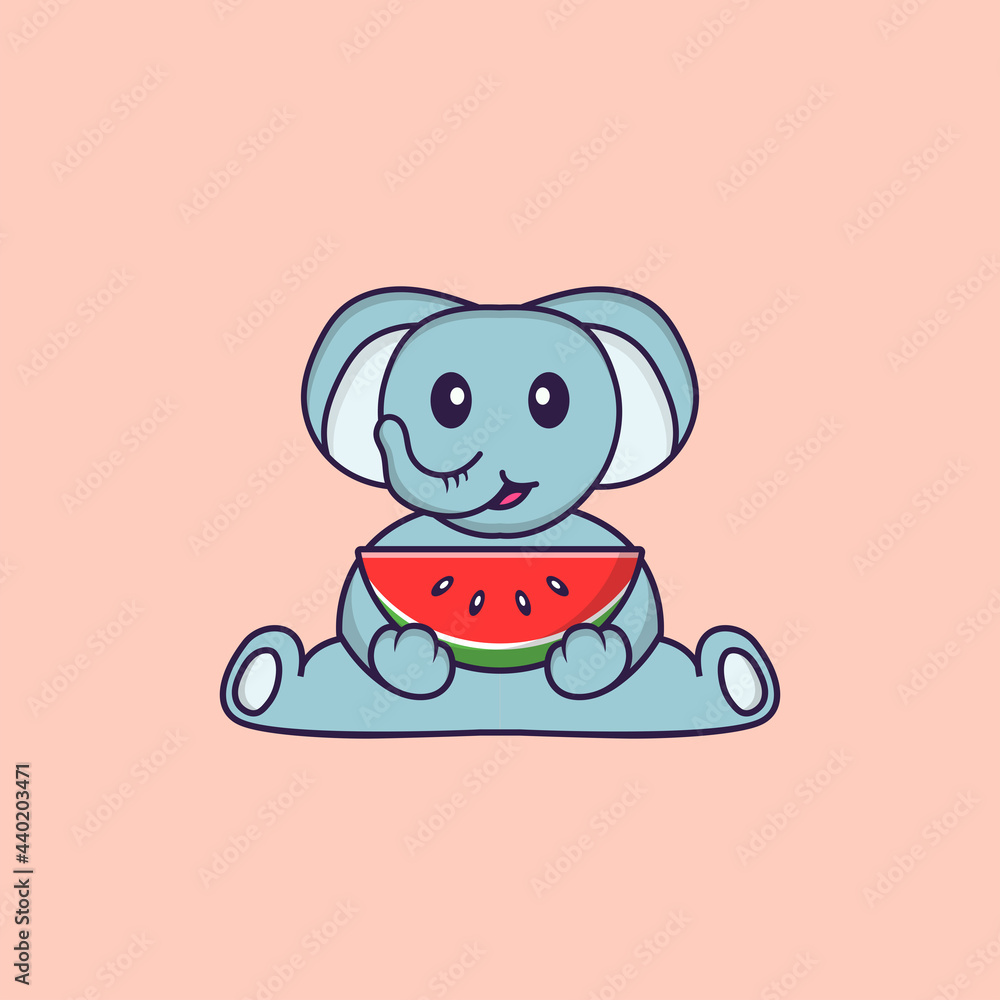 Cute elephant eating watermelon. Animal cartoon concept isolated. Can used for t-shirt, greeting card, invitation card or mascot. Flat Cartoon Style Cute elephant eating watermelon. Animal cartoon concept isolated. Can used for t-shirt, greeting card, invitation card or mascot. Flat Cartoon Style