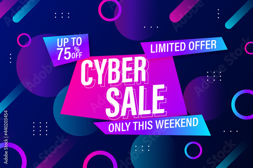 Banner, poster with Cyber Sale text, with abstract background and gradient shapes, neon circles and dots in Memphis style 