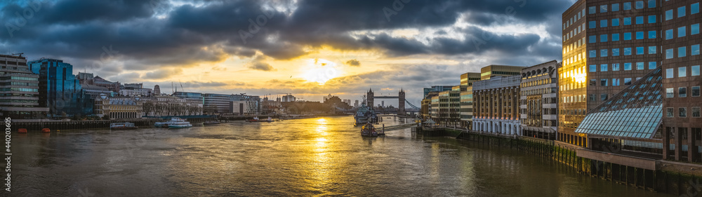 Sunrise panorama of river Thames and Tower Bridge in London. England