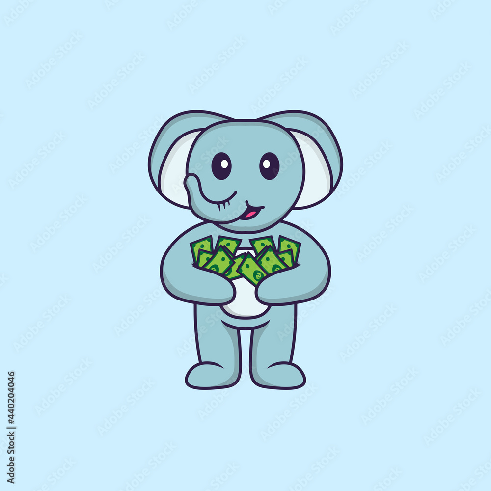 Fototapeta premium Cute elephant holding money. Animal cartoon concept isolated. Can used for t-shirt, greeting card, invitation card or mascot. Flat Cartoon Style