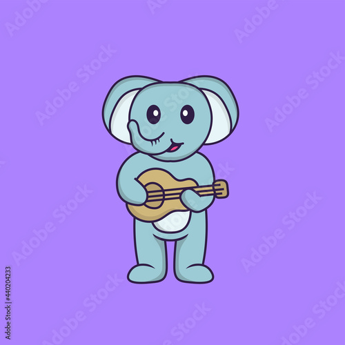 Cute elephant playing guitar. Animal cartoon concept isolated. Can used for t-shirt  greeting card  invitation card or mascot. Flat Cartoon Style