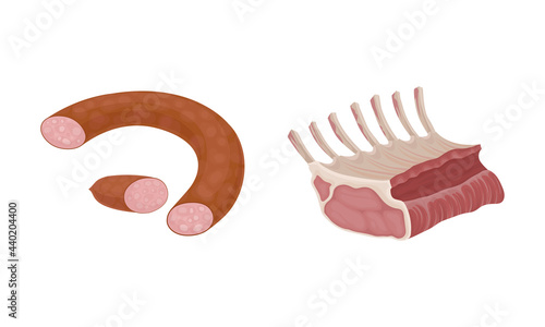 Meat with Salami Wurst and Beef Rib as Foodstuff from Butchery Vector Set