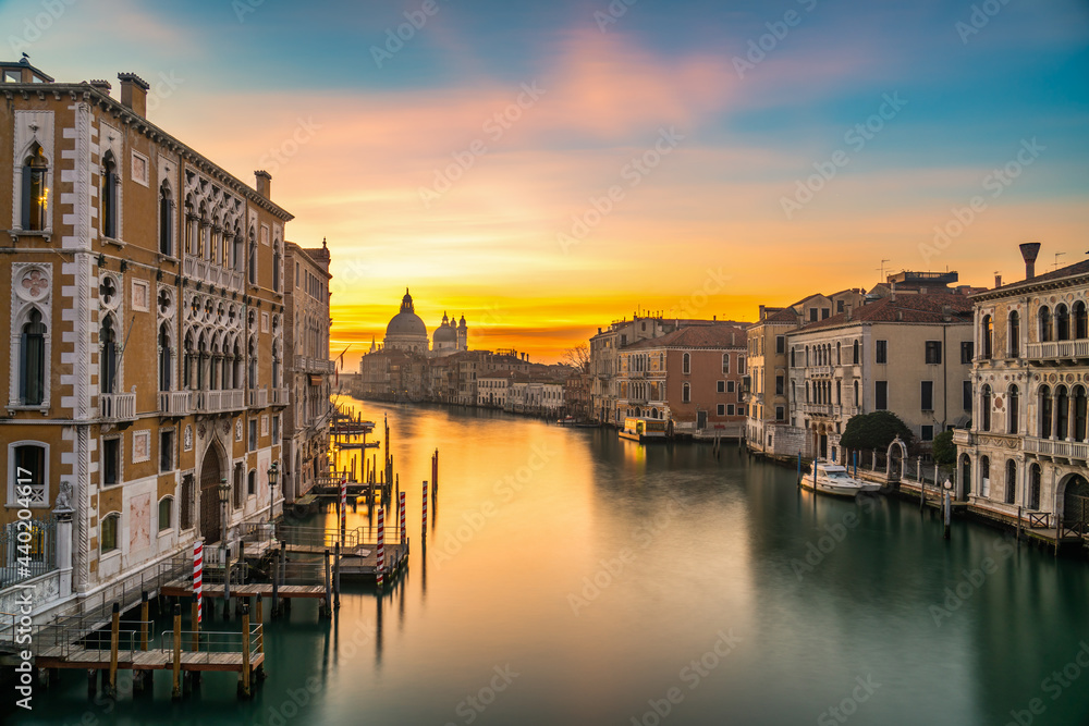 Grand Canal and Basilica Santa Maria della Salute at sunrise in Venice. Italy