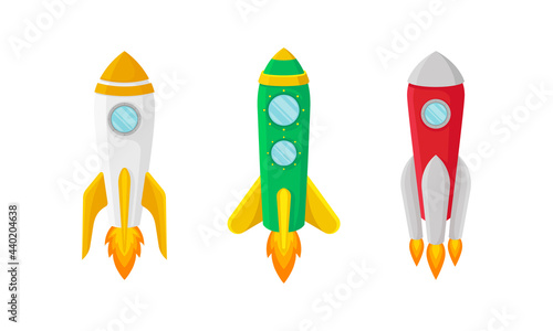 Bright Space Rocket Launching or Starting Up Vector Set